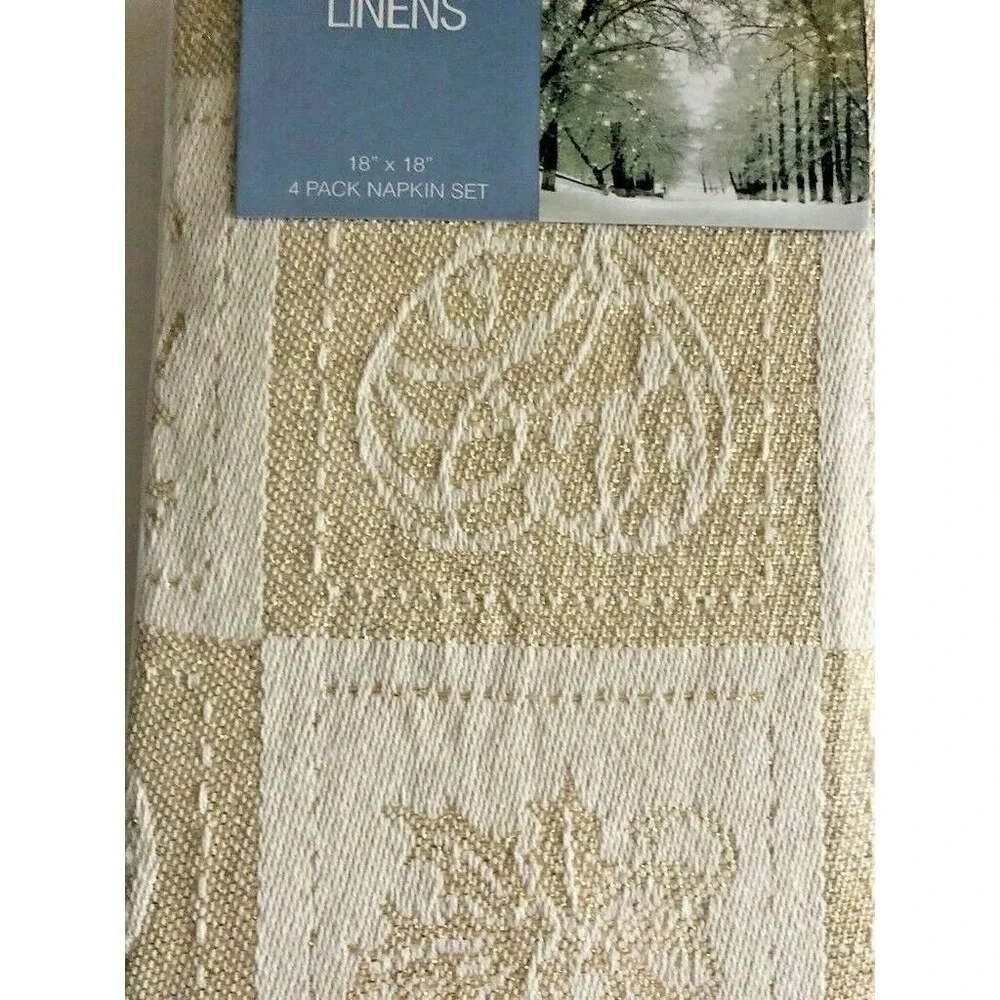 Christmas Napkins Set Of 4 Reindeer Angels Gold Jacquard Textured Woven 18x18